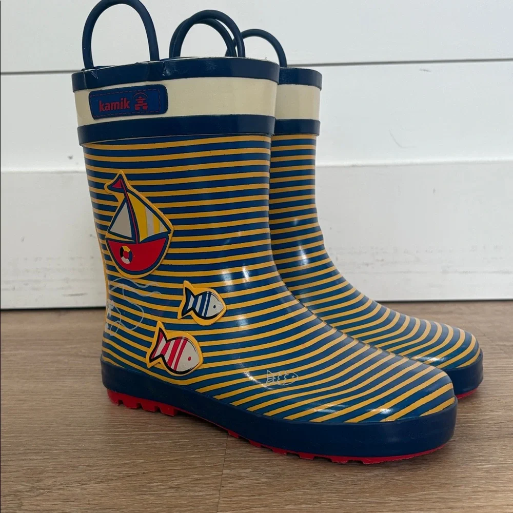 Kamik Rain Boots kids Size 2 Blue Yellow Nautical‎ Sailboat NWOT